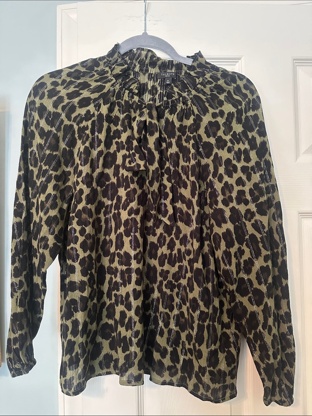 Talbots Olive and Black Leopard Tie-Neck Blouse